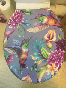 a toilet seat with a painting of hummingbirds and flowers