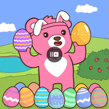 a pink teddy bear is holding an easter egg surrounded by colorful eggs