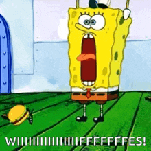 spongebob squarepants is standing on a wooden floor with his mouth open and his tongue out .