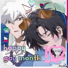 a picture of two anime characters with the words happy gay month