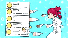 a drawing of a girl with red hair looking at a fridge