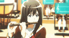 a girl in a school uniform is playing a flute in front of a sign that has a treble clef on it