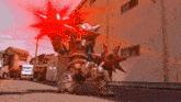 a robot with spikes on its arms is standing in front of a building with the number 3 on it