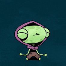 a green cartoon character with a purple hood on