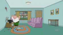 peter griffin from family guy is standing in a living room with a couch