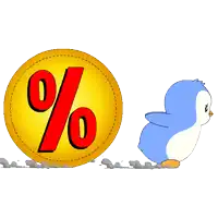 a penguin is standing next to a yellow percentage sign