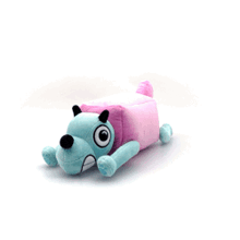 a pink and blue stuffed animal is laying on its back on a white surface