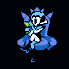 a pixel art of a cartoon character sitting in a chair holding a cup of coffee .