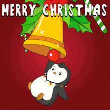 a penguin hangs from a bell with the words merry christmas written above it