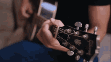 a person is playing an ibanez guitar with a black shirt on