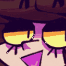 a close up of a cartoon character 's face with yellow and purple eyes and a purple mouth .