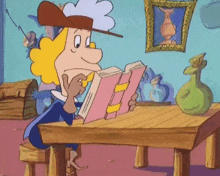 a cartoon character is reading a book while sitting at a wooden table