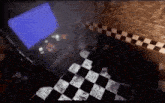 a black and white checkered floor with a blue screen in the background .