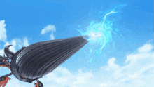 a blue lightning bolt is being thrown from a black object in the sky
