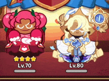 two cookie run characters are sitting next to each other with one having lv.70 and the other lv.80