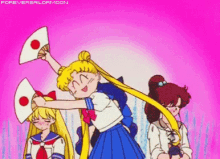 a group of anime girls are standing next to each other and one of them is holding a fan with a red circle on it .