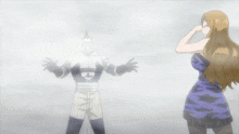 a woman in a blue dress is standing in front of a silhouette of a superhero