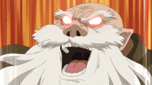 a man with a white beard and red eyes is screaming