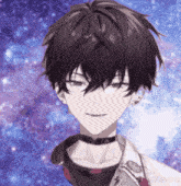 a close up of a boy with black hair and a choker on his neck