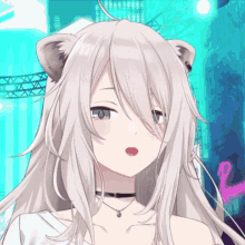 a close up of a girl with long white hair and a choker necklace
