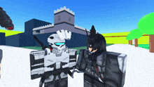 a cartoon character with a storm trooper on his head standing next to another character