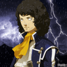 a man in a blue jacket and yellow scarf is standing in the rain with lightning behind him and the caption picmix