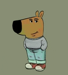 a cartoon drawing of a bear wearing a sweater , jeans , and sneakers .