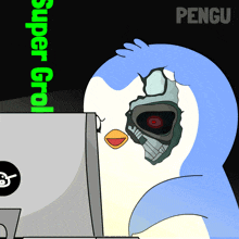 a cartoon of a penguin with a skull on its face and the words super grol behind it