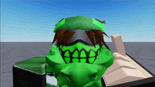 a cartoon character wearing a green mask with teeth on it