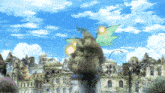 a dragon is flying over a city with a blue sky