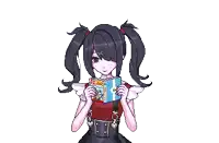 a pixel art drawing of a girl reading a book with a foreign language on it