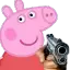a person is holding a gun in front of a picture of peppa pig .