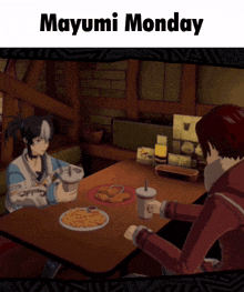 a poster for mayumi monday shows two people sitting at a table with food