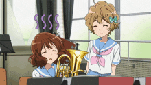a cartoon of two girls playing a trumpet with a purple sss coming out of their mouths