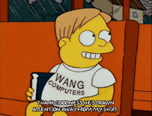 a cartoon character wearing a wang computers t-shirt