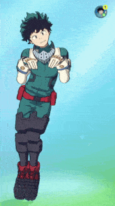 a cartoon drawing of a boy with green hair and a mask