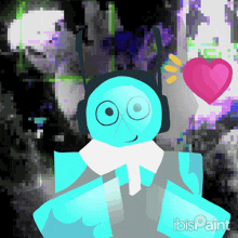a drawing of a blue robot with headphones and a pink heart behind him by ibispaint