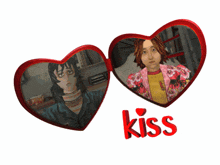 two red hearts with a picture of a woman and the word kiss
