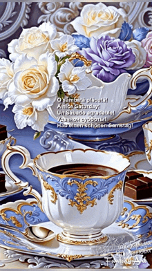 a cup of coffee sits on a saucer next to a bouquet of purple and white roses