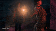 two women are standing next to each other in a dark room and the words illusive soul are on the bottom