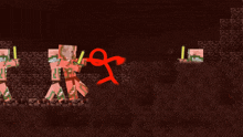 a red stick figure is standing in front of a group of pigmen holding swords