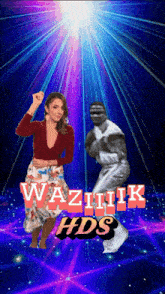 a woman and a man are dancing in front of a sign that says waziik hds on it