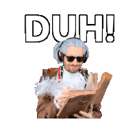 a man wearing headphones and sunglasses is reading a book with the word duh above him