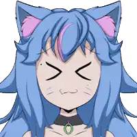 a cartoon girl with blue hair and pink ears is making a face with her eyes closed