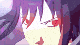 a close up of a person 's face with purple hair