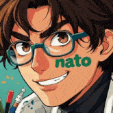 a cartoon of a boy with glasses and the word nato on his face
