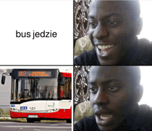 a man is smiling in front of a bus with the number 807 on it