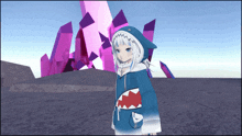 a girl in a shark hoodie is standing in front of a purple crystal tower