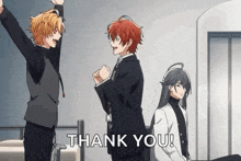 a group of anime characters are standing next to each other in a room and saying `` thank you '' .