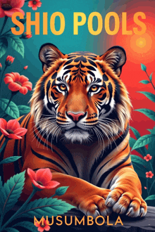 a poster for shio pools shows a tiger surrounded by flowers and leaves
